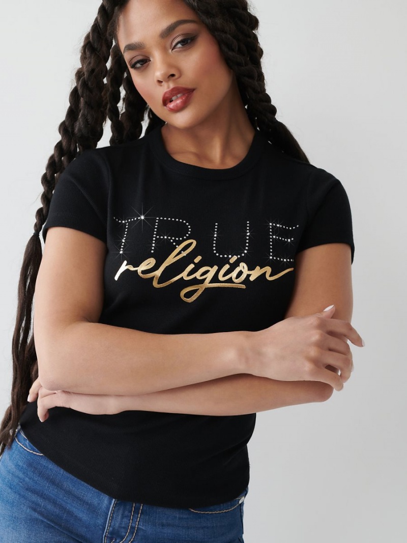 Black True Religion Crystal Logo T Shirts | 9128-AKSWJ