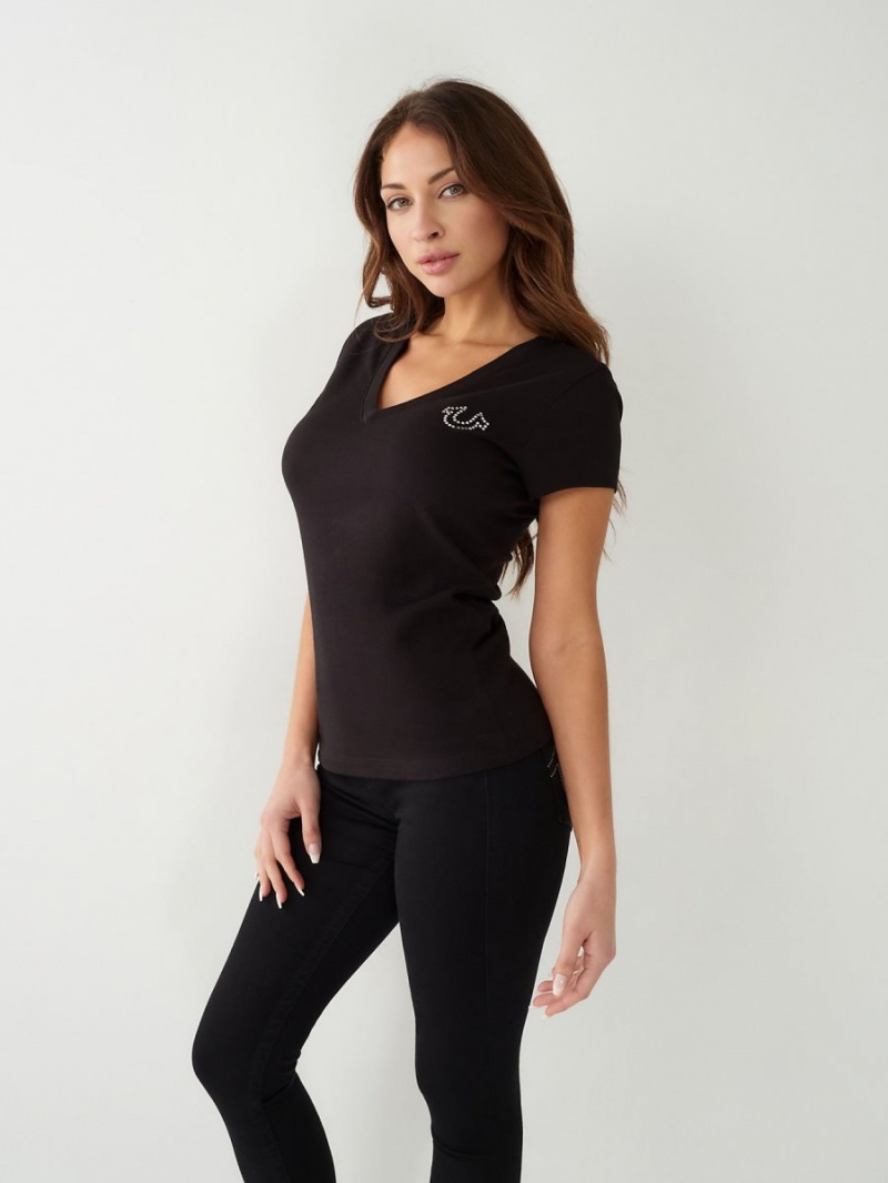 Black True Religion Crystal Logo V T Shirts | 6427-AXBMF