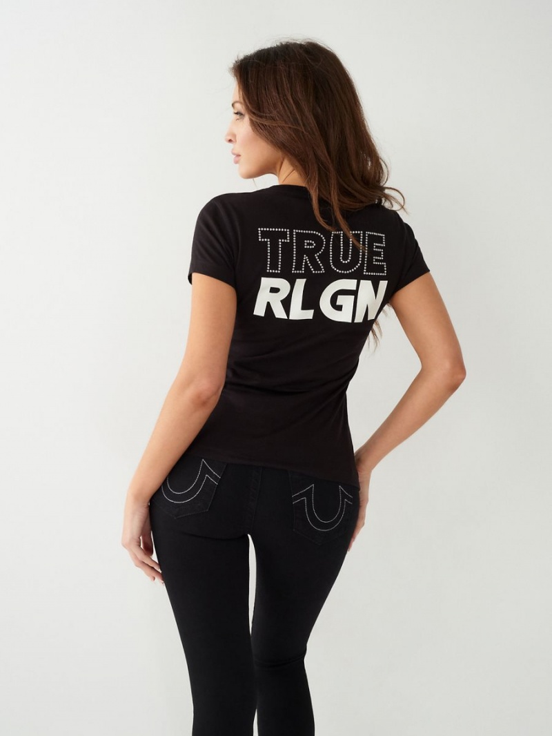 Black True Religion Crystal Logo V T Shirts | 6427-AXBMF