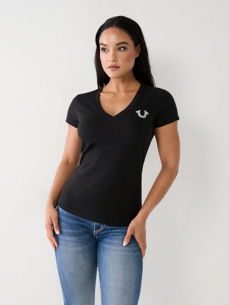 Black True Religion Crystal V T Shirts | 1405-IENXY