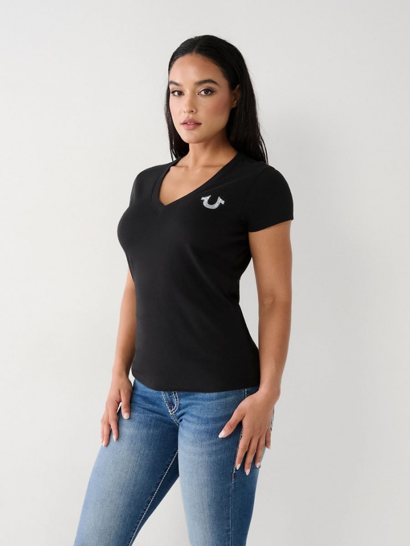 Black True Religion Crystal V T Shirts | 1405-IENXY