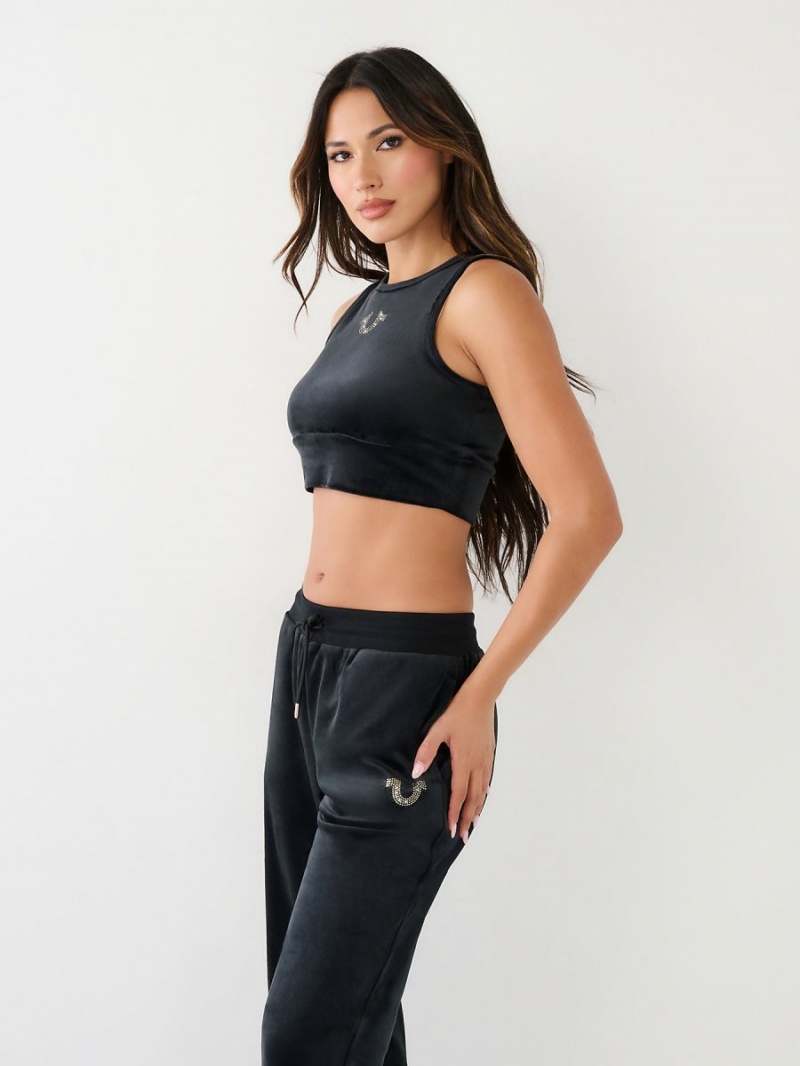 Black True Religion Crystal Velour Crop Tanks | 8753-JPFMV