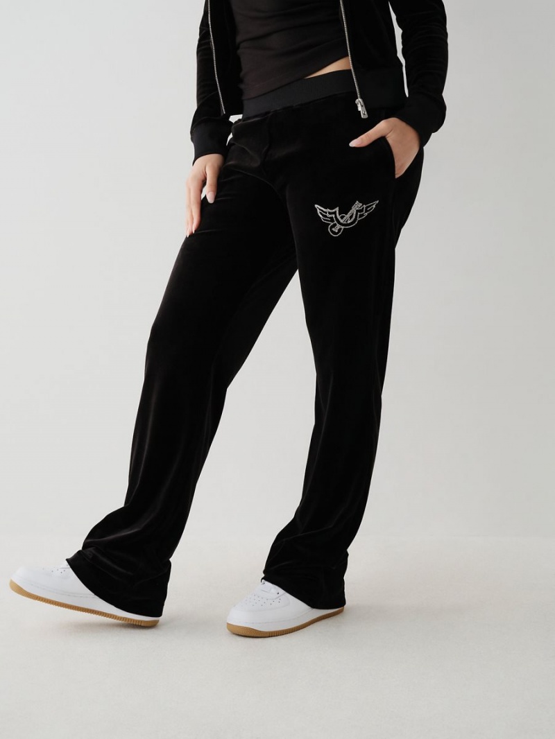 Black True Religion Crystal Velour Logo Track Pants | 1247-WCQDV