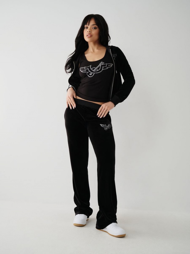 Black True Religion Crystal Velour Logo Track Pants | 1247-WCQDV