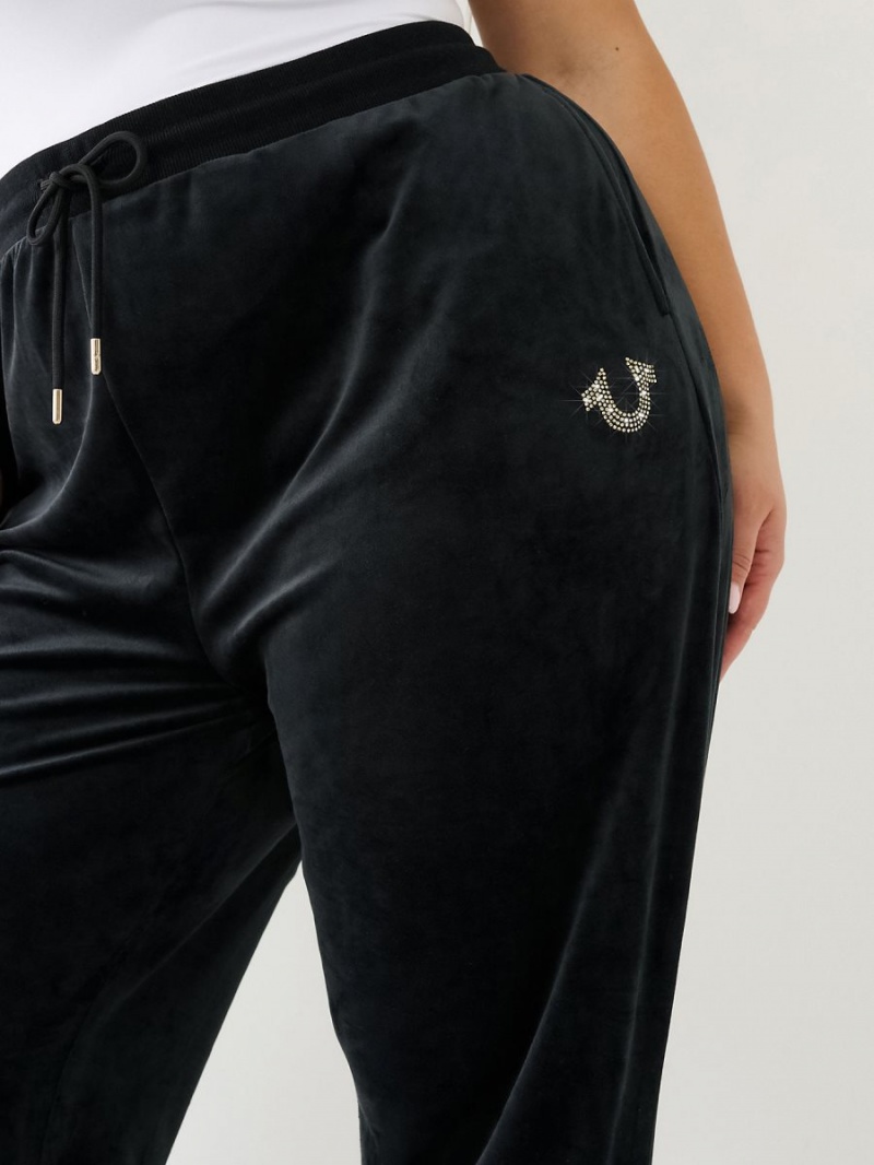 Black True Religion Crystal Velour Logo Track Pants | 9531-RSJTL