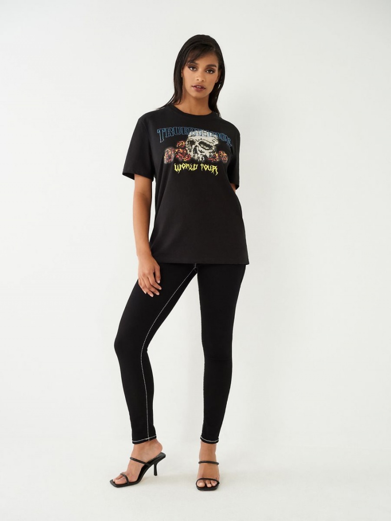 Black True Religion Crystal World Tour Relaxed T Shirts | 0578-OTYHW