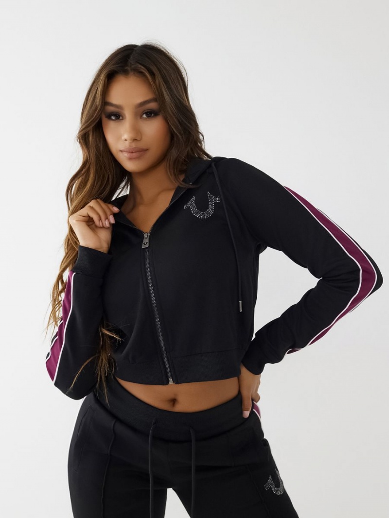 Black True Religion Crystal Zip Hoodie | 7812-LZVUO