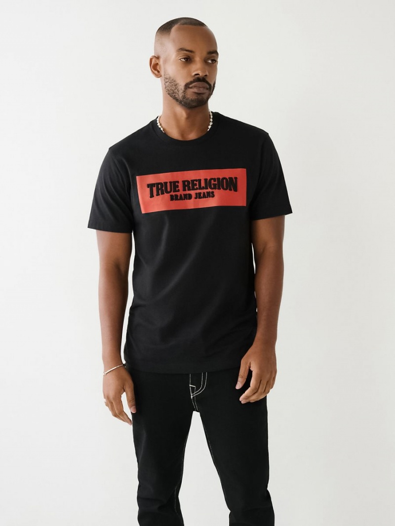 Black True Religion Embossed Arch Logo T Shirts | 2049-MVJPL