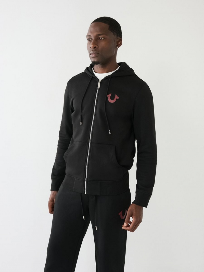 Black True Religion Embossed Buddha Logo Fleece Zip Hoodie | 1235-QUJMY