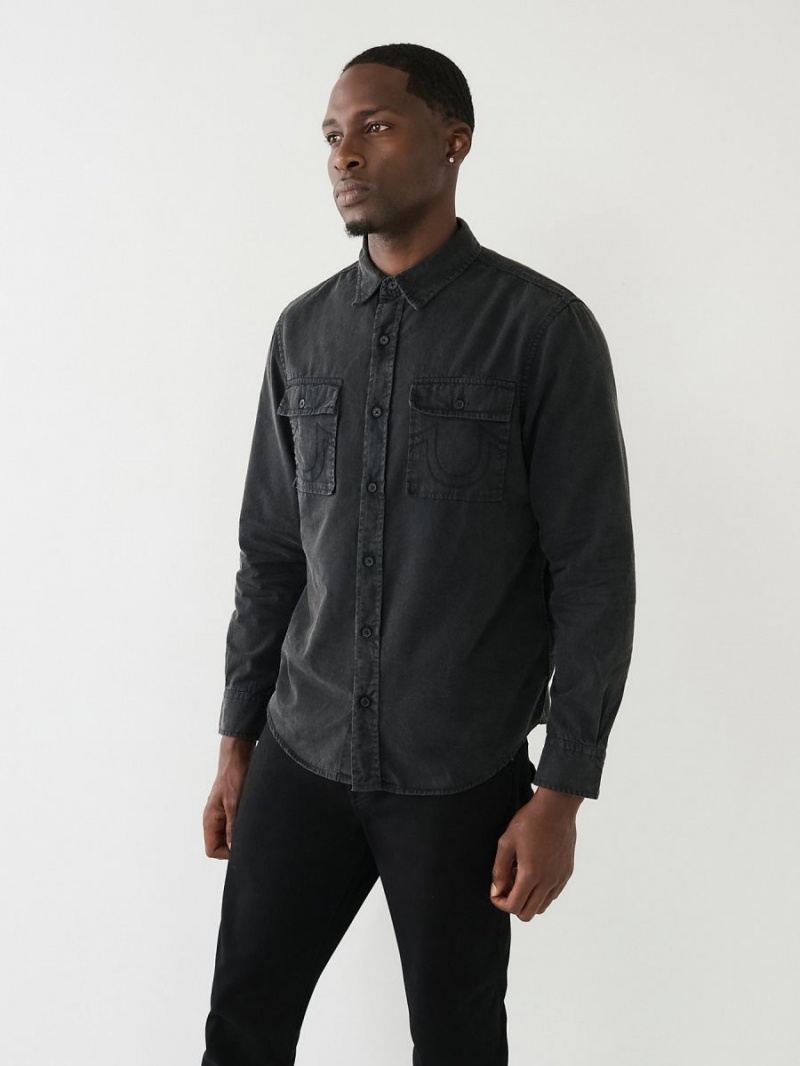 Black True Religion Embroidered Buddha Logo Utility Shirts | 8674-KUWRF