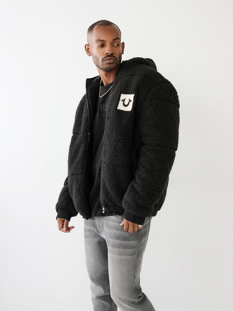 Black True Religion Faux Shearling Puffer Jacket | 9635-SMODF