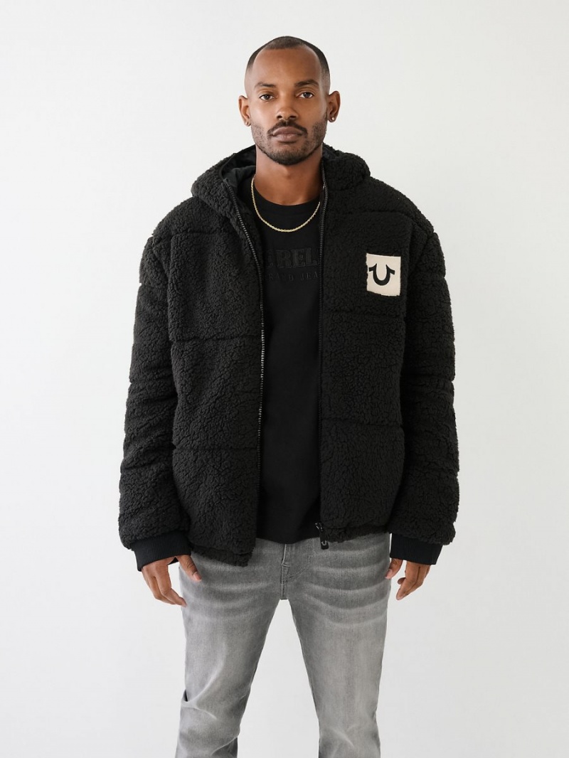 Black True Religion Faux Shearling Puffer Jacket | 9635-SMODF