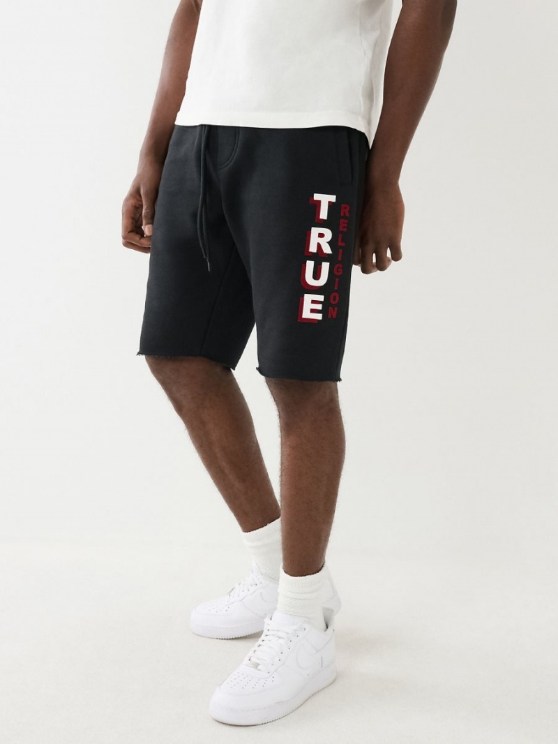 Black True Religion Flocked Logo Fleece Raw Hem Shorts | 7530-HSCKF