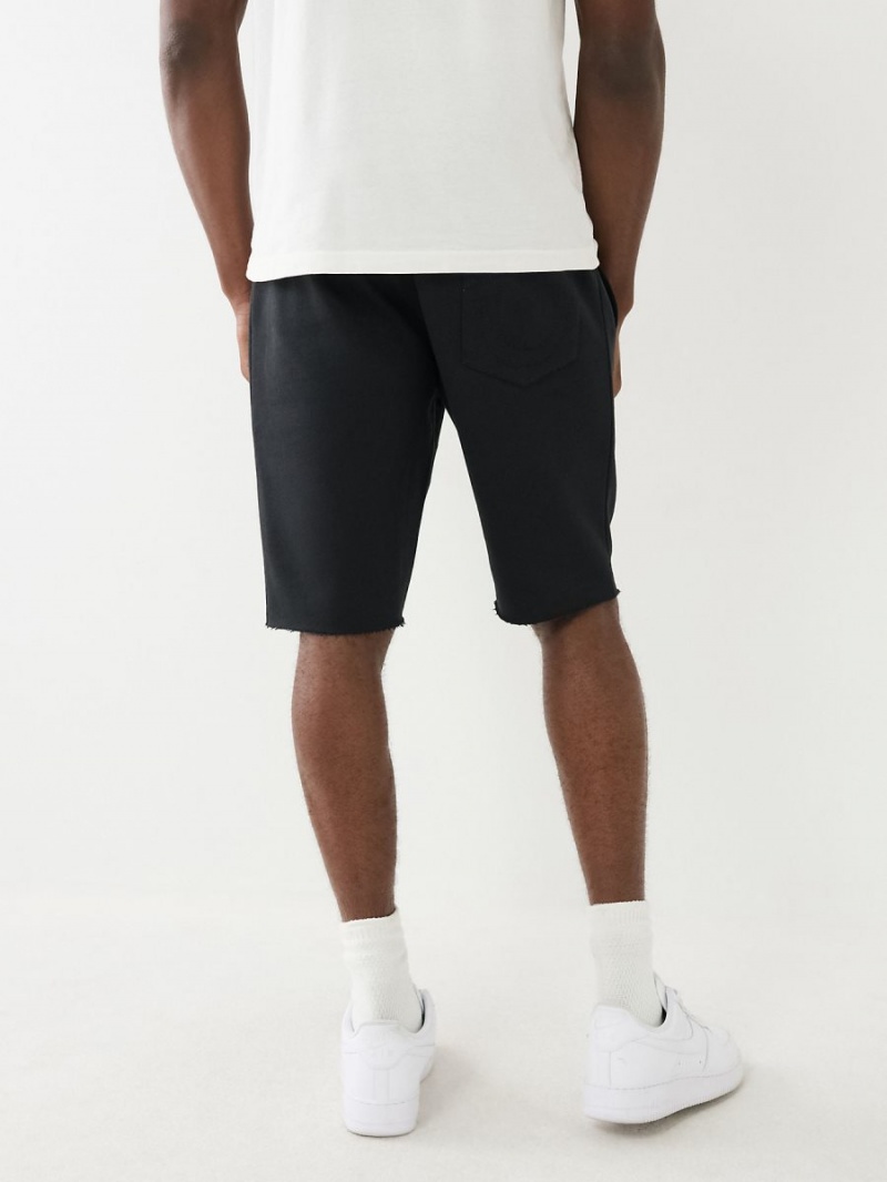 Black True Religion Flocked Logo Fleece Raw Hem Shorts | 0189-ILMRH