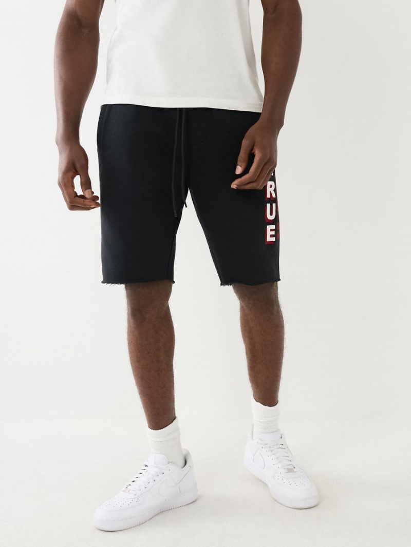 Black True Religion Flocked Logo Fleece Raw Hem Shorts | 0189-ILMRH