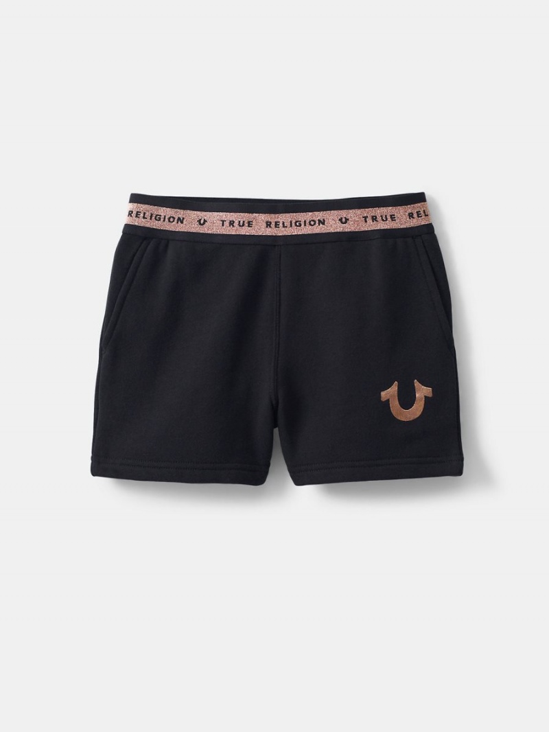 Black True Religion Girls Logo Trim Sweat Shorts | 6350-UEDTC