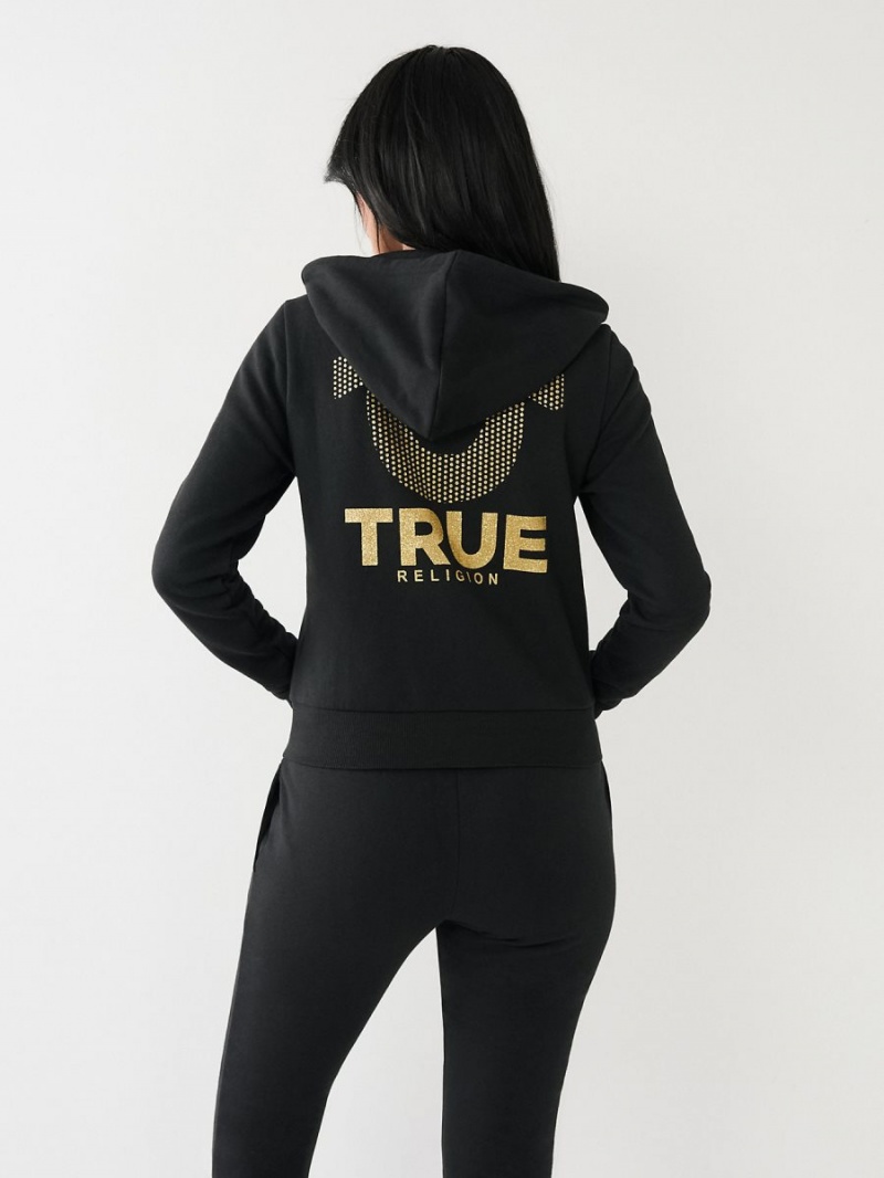 Black True Religion Glitter Horseshoe Logo Zip Hoodie | 4231-GJUBN