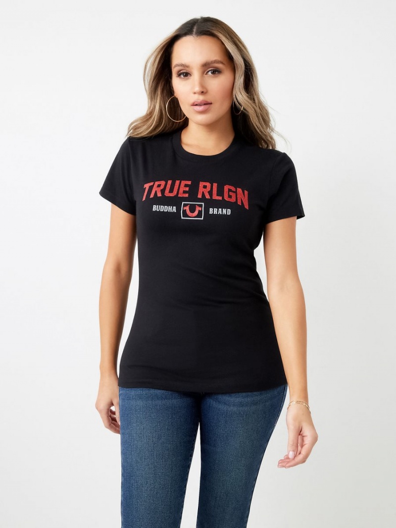 Black True Religion Glitter Rlgn Buddha Logo T Shirts | 8604-JDAYX