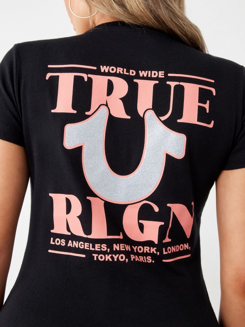 Black True Religion Glitter World Wide Logo T Shirts | 0753-RYSQF