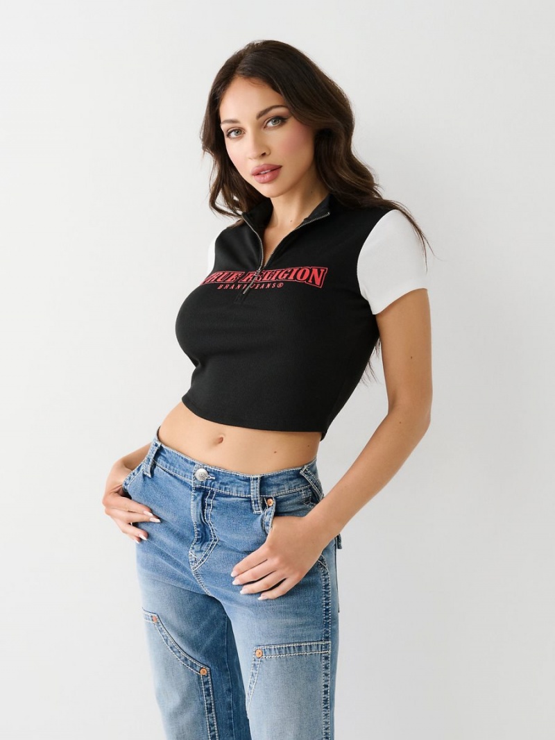 Black True Religion Half Zip Crop Top | 3864-BLJVR