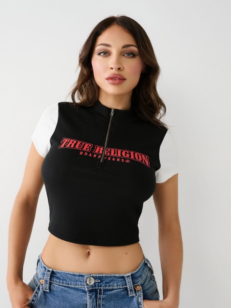 Black True Religion Half Zip Crop Top | 3864-BLJVR