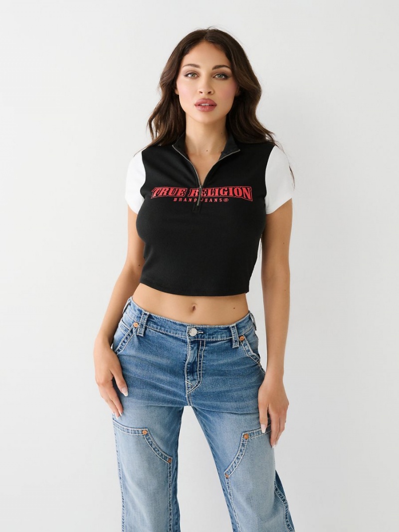 Black True Religion Half Zip Crop Top | 3864-BLJVR