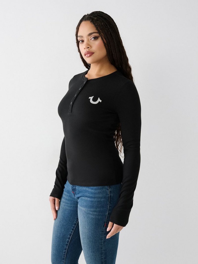 Black True Religion Henley Shirts | 1250-OGANH