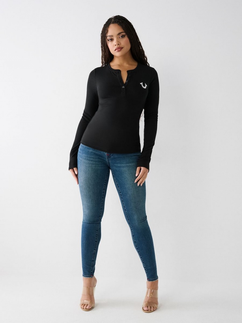 Black True Religion Henley Shirts | 1250-OGANH