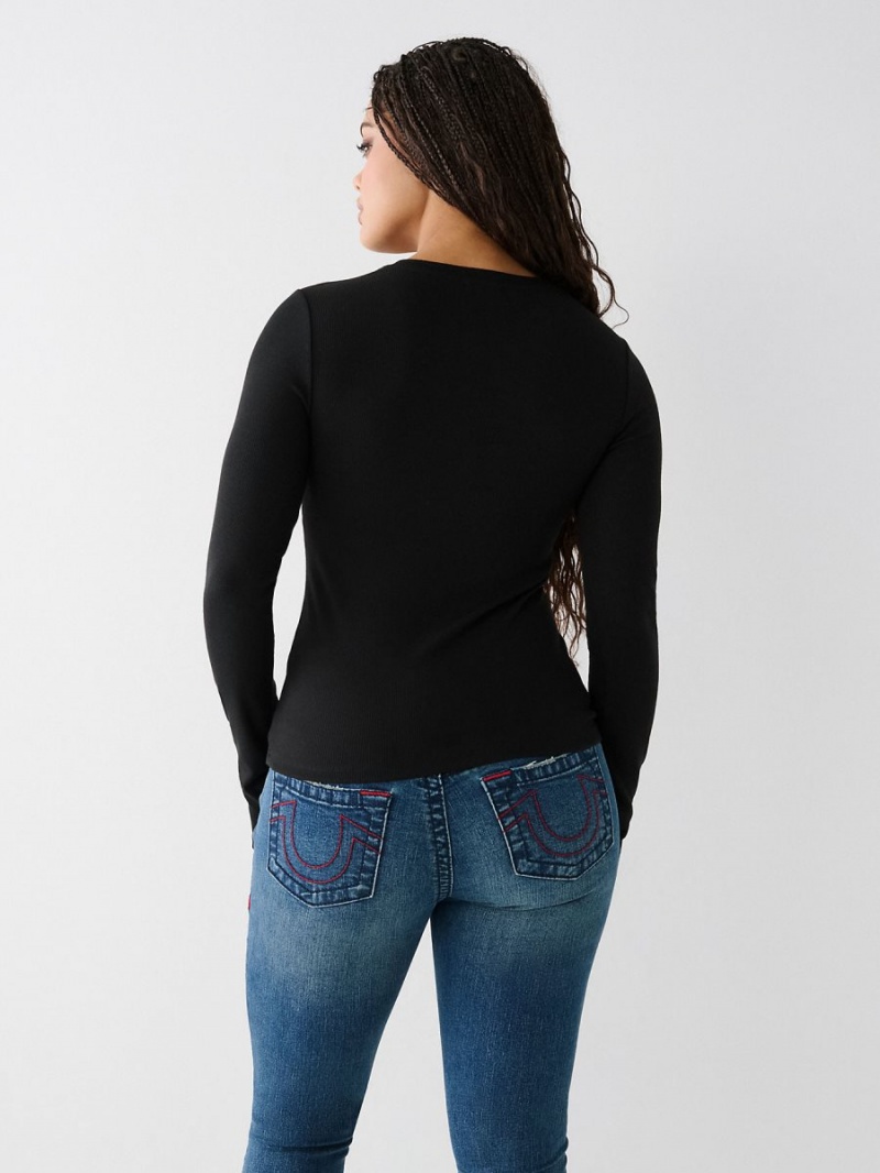 Black True Religion Henley Shirts | 1250-OGANH