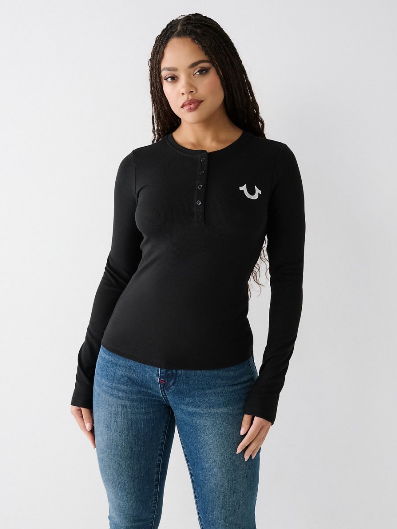 Black True Religion Henley Shirts | 1250-OGANH