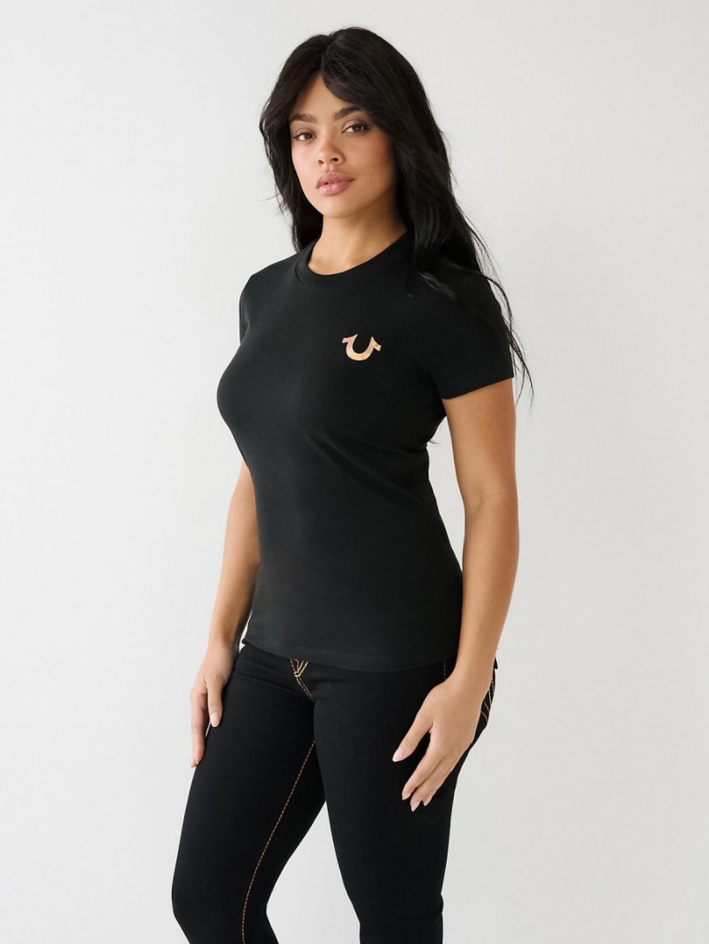 Black True Religion Hologram Glitter T Shirts | 9560-YDNUP