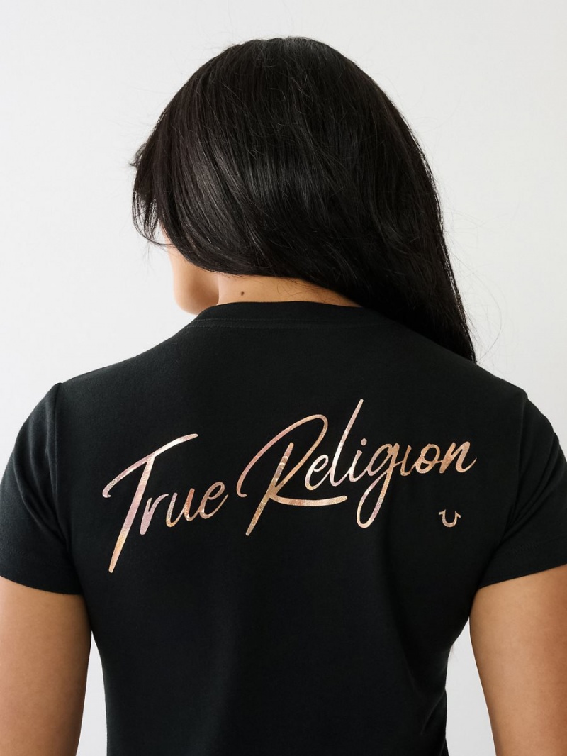 Black True Religion Hologram Glitter T Shirts | 9560-YDNUP