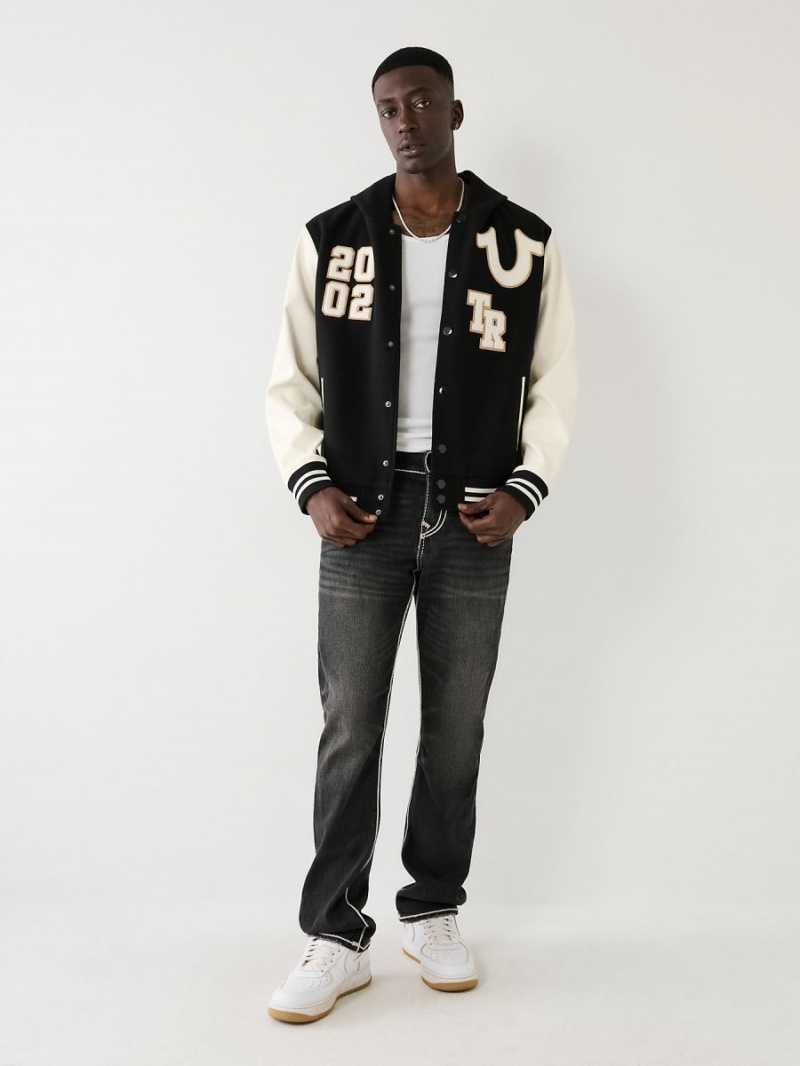 Black True Religion Hooded Varsity Jacket | 7023-LVGSE