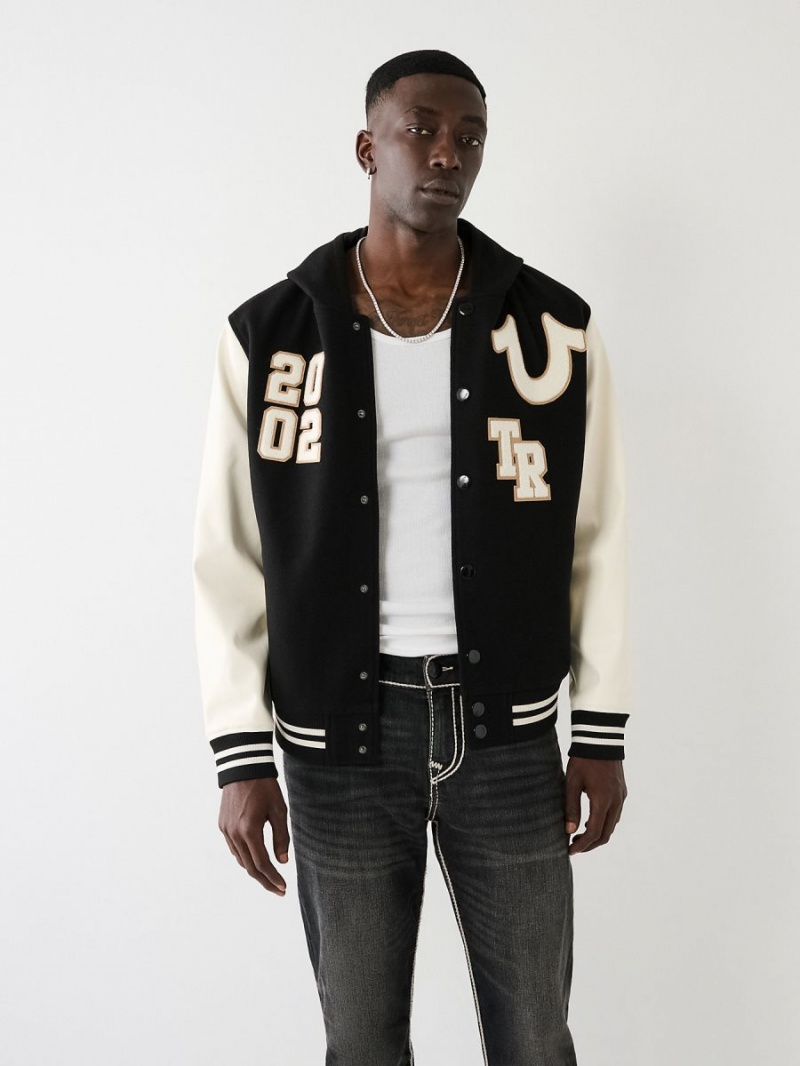 Black True Religion Hooded Varsity Jacket | 7023-LVGSE