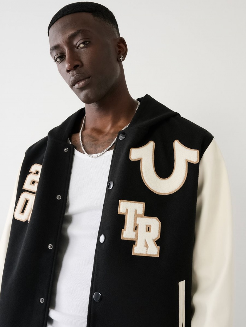 Black True Religion Hooded Varsity Jacket | 7023-LVGSE