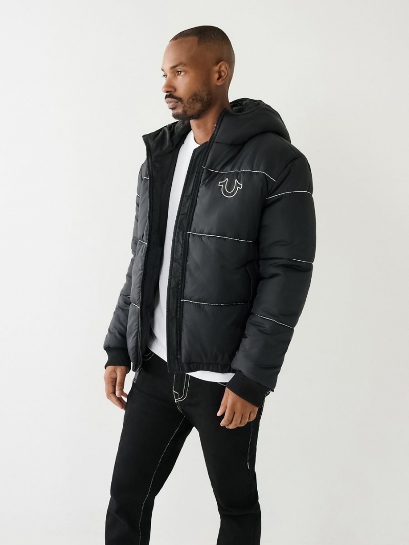 Black True Religion Horseshoe Logo Big T Puffer Jacket | 9512-MANOI