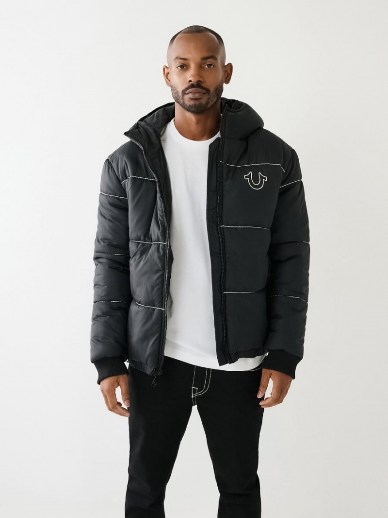 Black True Religion Horseshoe Logo Big T Puffer Jacket | 9512-MANOI