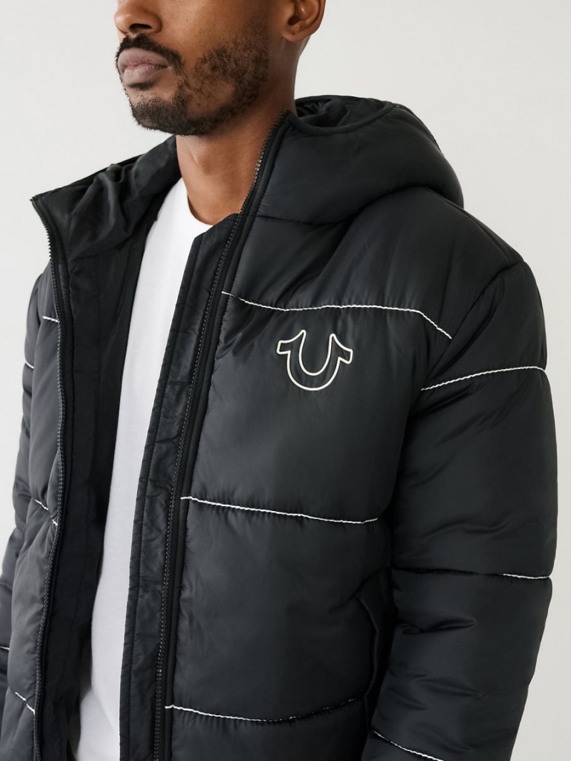 Black True Religion Horseshoe Logo Big T Puffer Jacket | 9512-MANOI