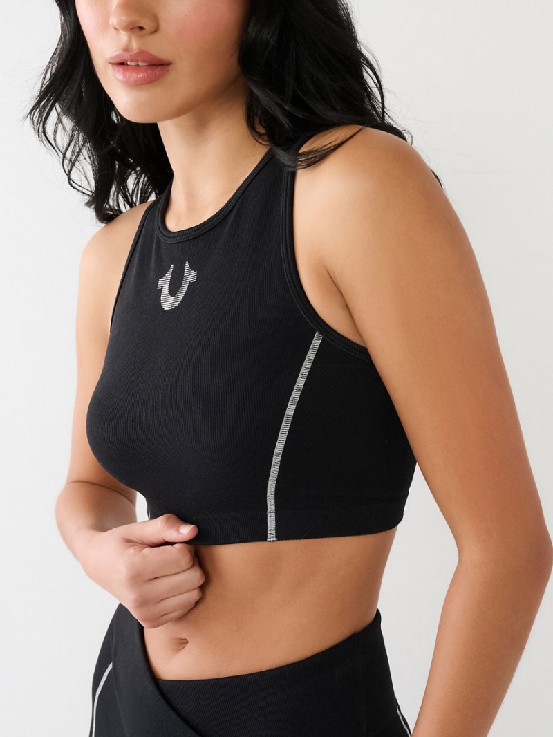 Black True Religion Horseshoe Logo Sports Bra Top | 1807-XFILK