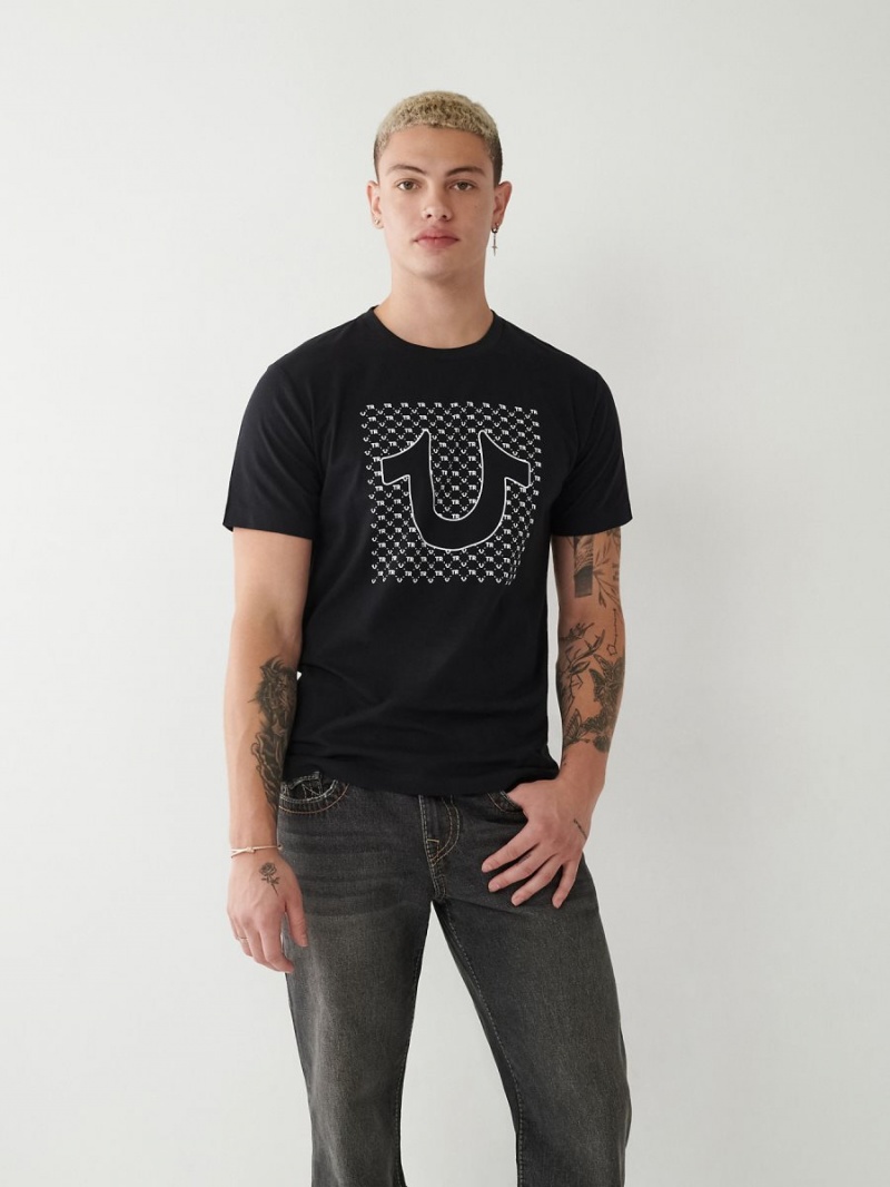 Black True Religion Horseshoe Logo T Shirts | 0428-RCAZS