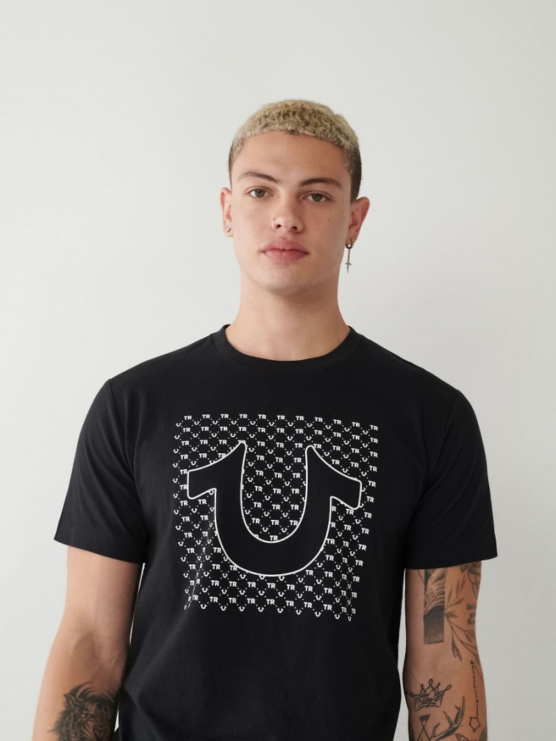 Black True Religion Horseshoe Logo T Shirts | 0428-RCAZS