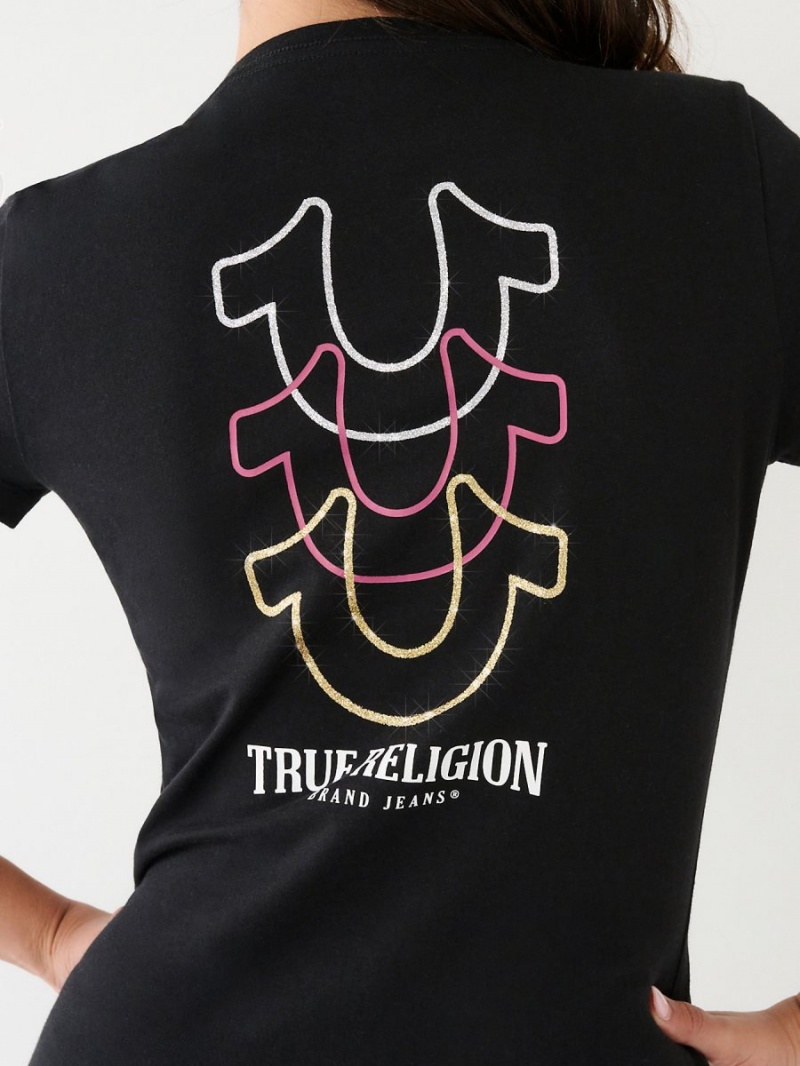 Black True Religion Horseshoe Logo V T Shirts | 6520-VEXNT