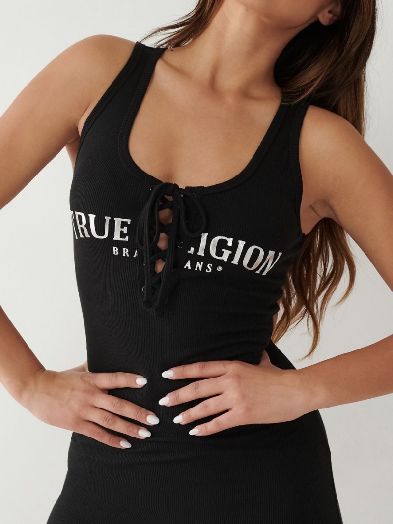 Black True Religion Lace Up Logo Tanks Dress | 5329-AQYKC