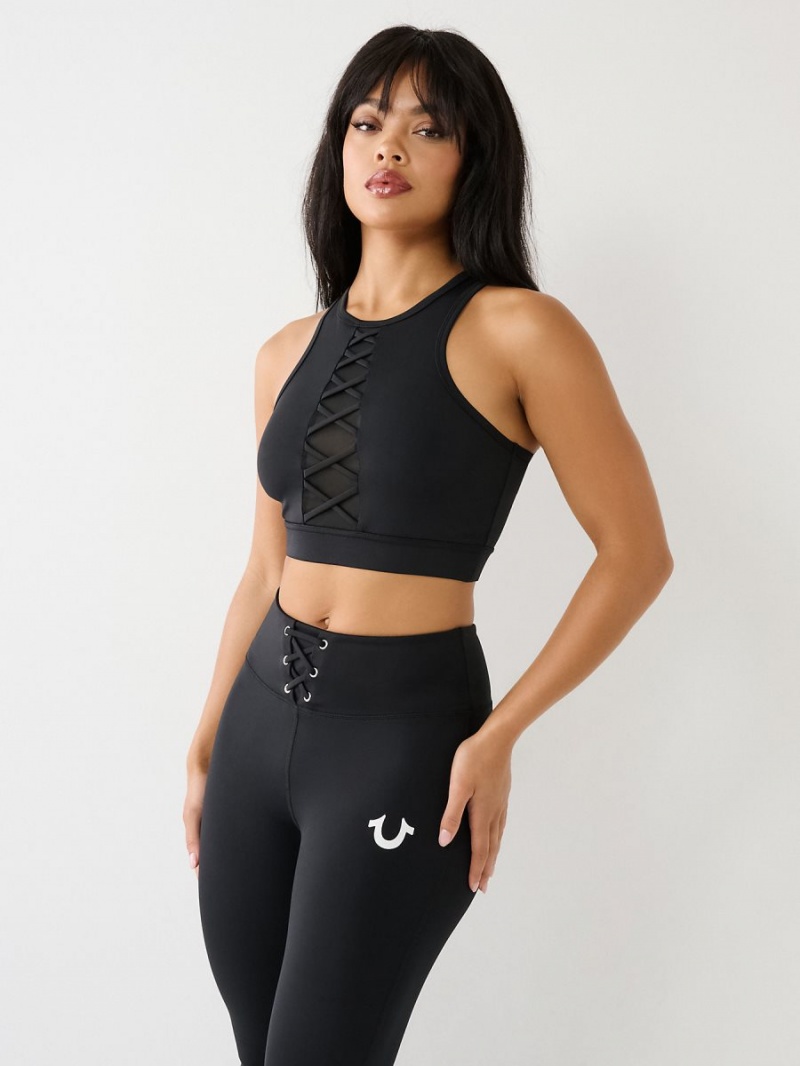 Black True Religion Lace Up Sports Bra Top | 9157-HSUPE