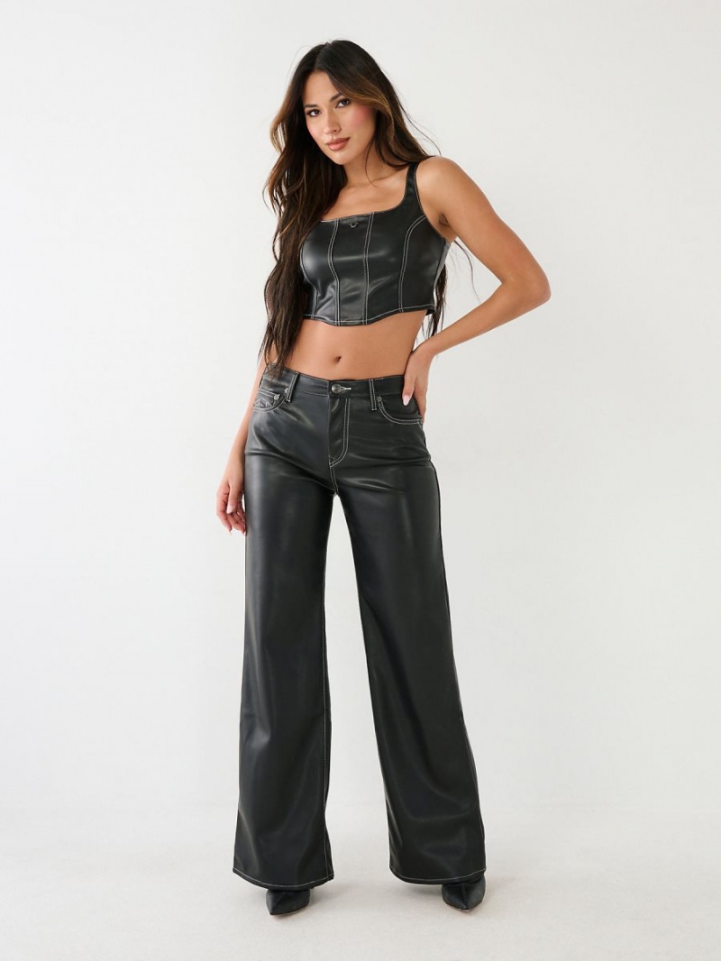 Black True Religion Leila Faux Leather High Rise Wide Leg Jeans | 2915-VQRXS