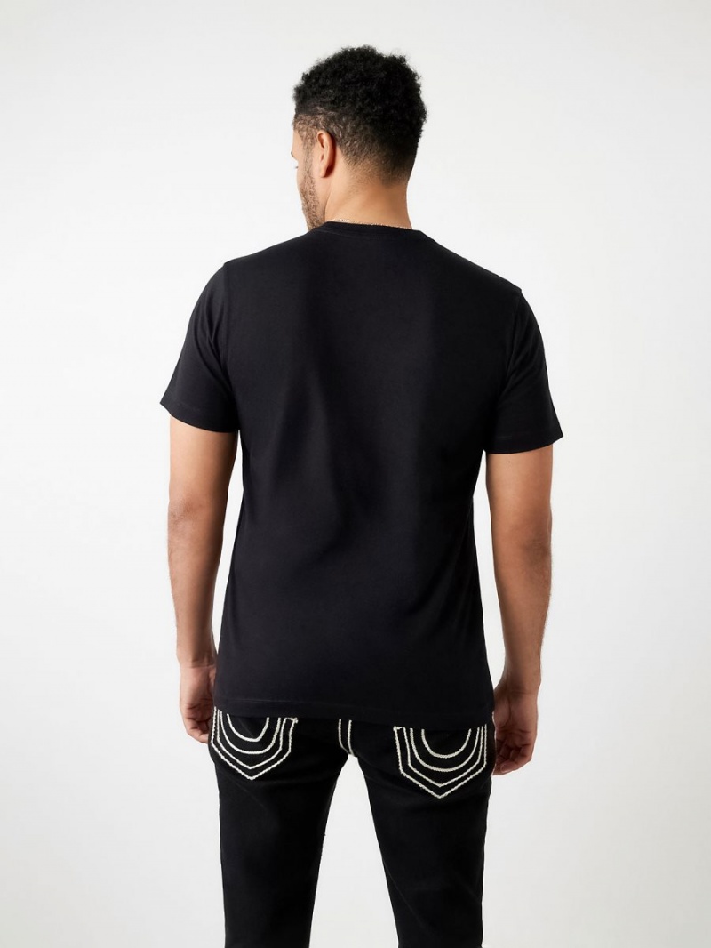 Black True Religion Lined Logo T Shirts | 7512-HSPEN