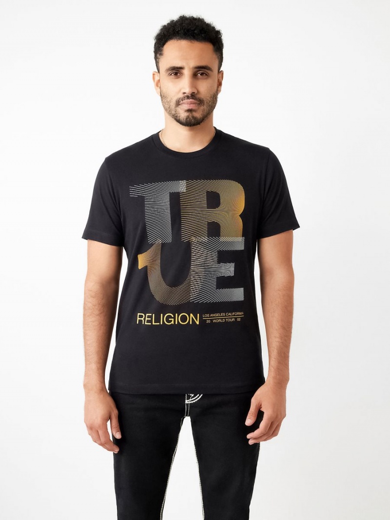 Black True Religion Lined Logo T Shirts | 7512-HSPEN