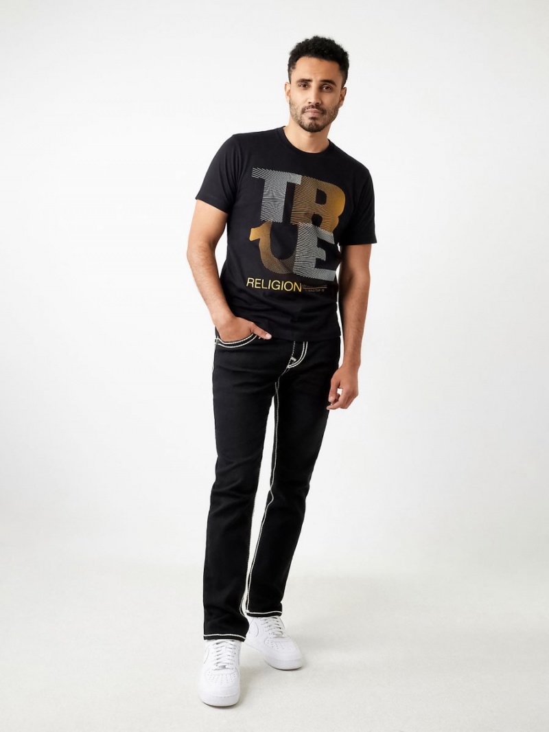 Black True Religion Lined Logo T Shirts | 7512-HSPEN