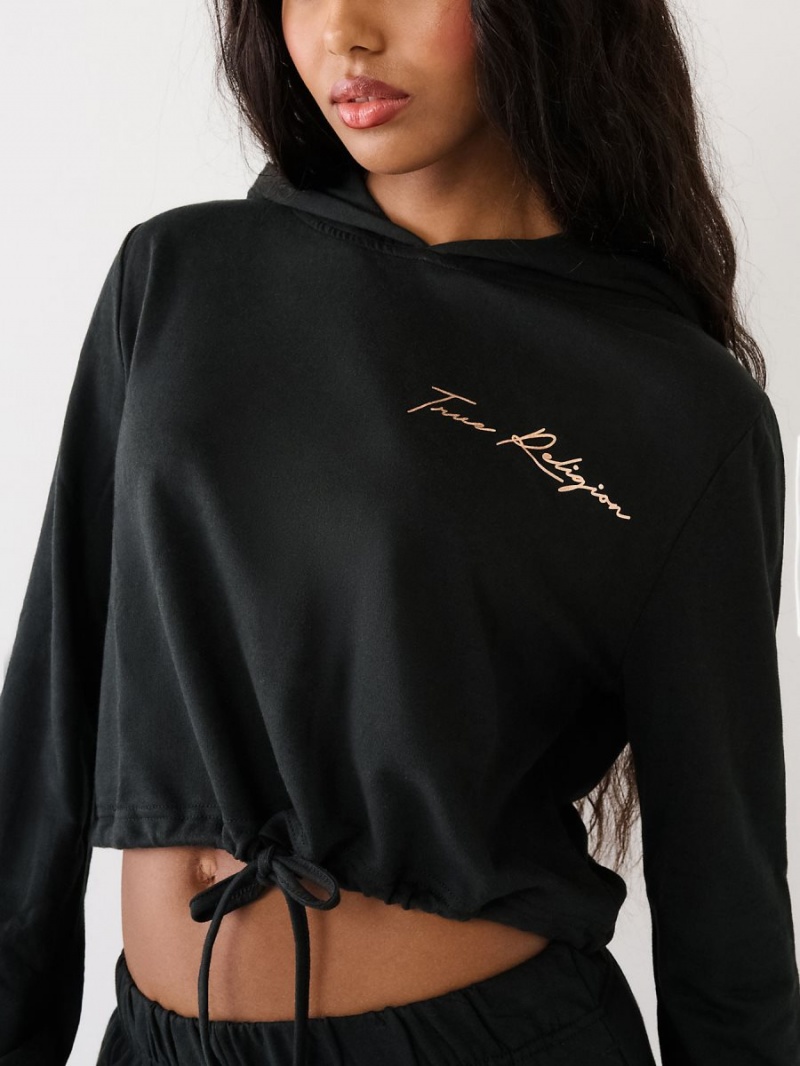 Black True Religion Logo Crop Hoodie | 1326-UNILZ