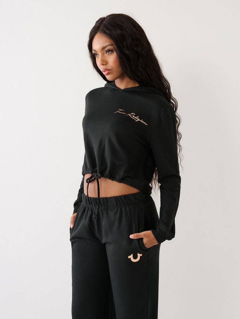 Black True Religion Logo Crop Hoodie | 1326-UNILZ